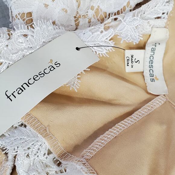 Francesca's White/Tan Crochet High Neck Open Back Dress Small - Picture 8 of 11